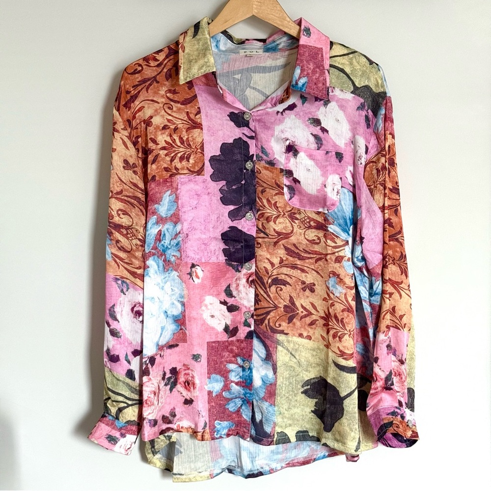 POL The Rose Patchwork Top Button Down Shirt Large - image 3